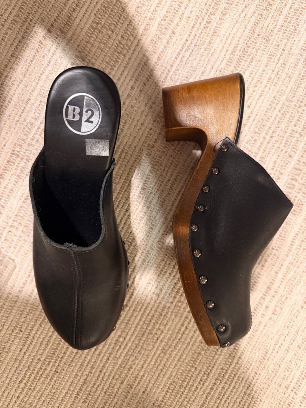 Black Leather Wood-Platform Clog Mules